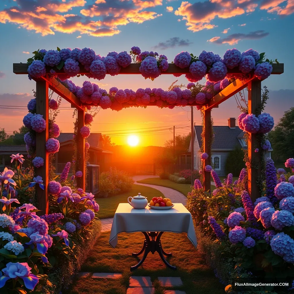 On a serene summer evening, a professional 3D model presents a beautiful hydrangea garden. The orange, red, and yellow afterglow of the sunset gradually transitions into the deep blue sky, creating a tranquil atmosphere. From the entrance of the garden, the setting sun slowly sinks, and golden rays sprinkle onto the rose pergola, creating a beautiful and dreamy effect. There is a dining table arranged in the garden with fresh fruits on it. The garden boasts a rich variety of plants, including hydrangeas, irises, lavenders, Heleniums, Pennisetums, Spiraeas, and other border plants, alongside the outline of a flower house in the distance. The entire scene presents an ultra-realistic and vivid style, rich in details, evoking a warm and calm feeling. Ultra-detailed, high-quality image, hyper-realistic, sharp focus, professional majestic oil painting, trending on ArtStation, trending on CGSociety, intricate, high detail, dramatic, photorealistic painting art by Midjourney and Greg Rutkowski.