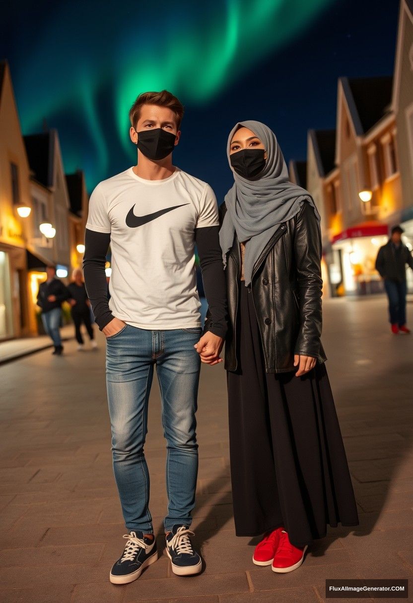 Jamie Dornan, tall, handsome, wearing a black face mask, a long-sleeve white Nike t-shirt, jeans, and sneakers, is dating a beautiful Muslim girl in a grey hijab with beautiful eyes. She is wearing a black face mask, a leather jacket, the longest and biggest skirt, and red sneakers. They are holding hands, standing together in town, in a photorealistic setting, capturing street photography, full photography, and selfie photos at night with an aurora backdrop. - Image