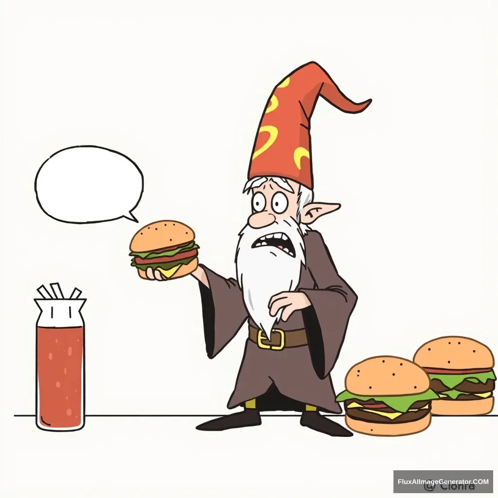 The wizard tries to buy a hamburger, but because no one understands him, he gets mad.