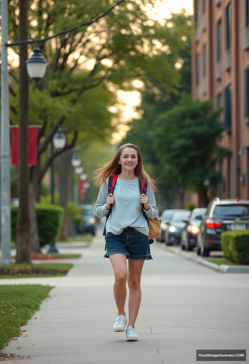 "A female high school student on her way home from school in the early evening."