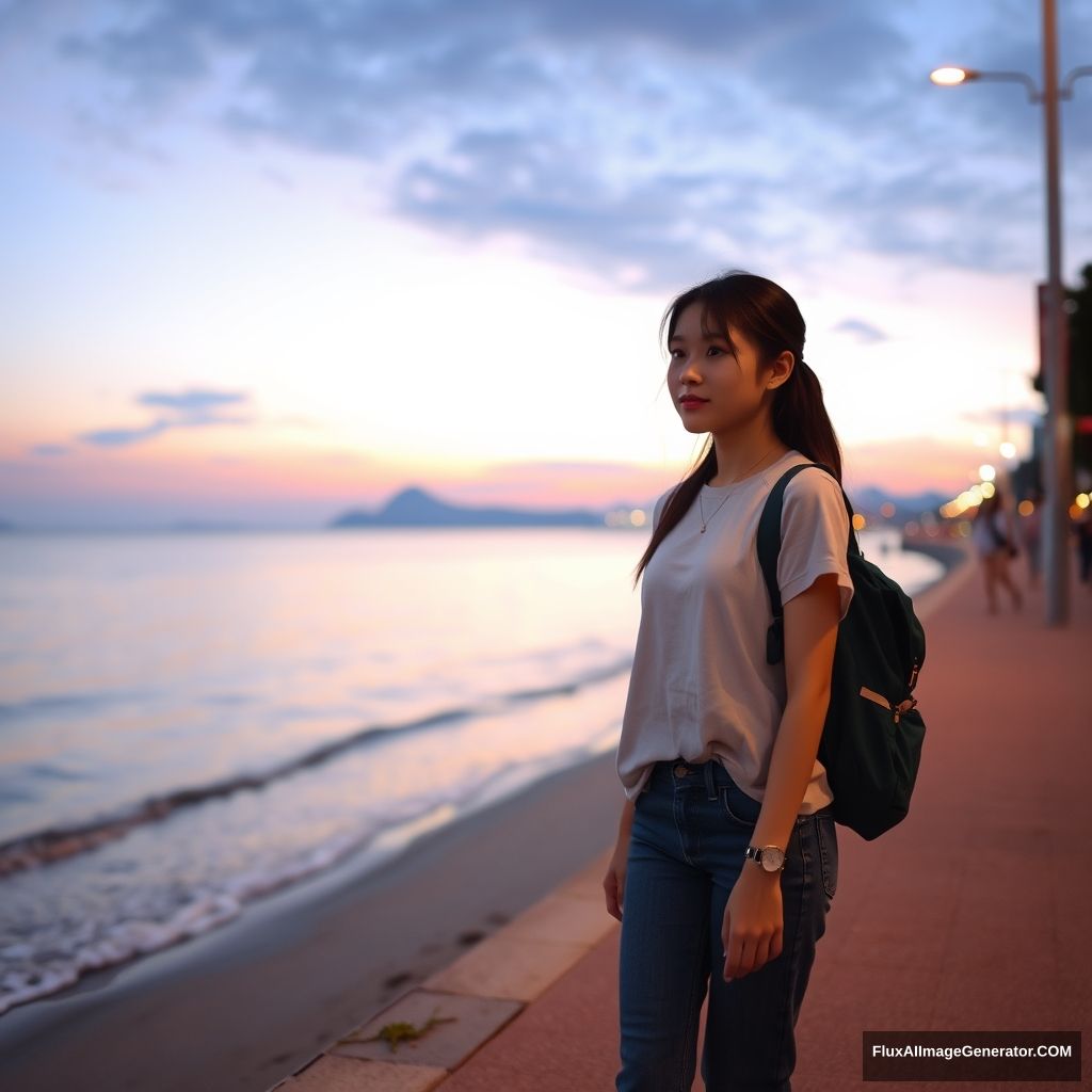 'Female student walking by the seaside, beach, dusk, Chinese, street, girl' - Image