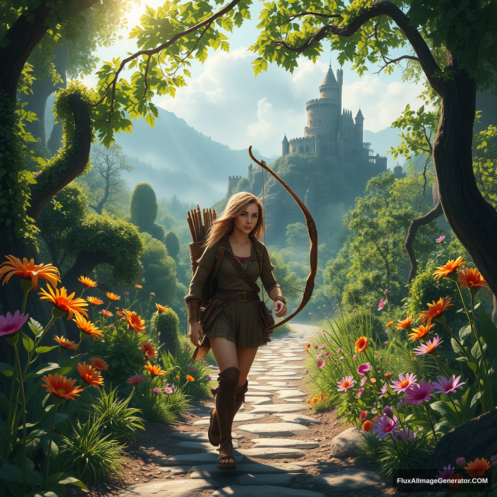 Here is a prompt about Middle Journey generated for you:

In a mysterious and fantastical world, there is an vast and boundless forest. Sunlight filters through the dense leaves, casting dappled light and shadow. A brave adventurer finds herself within, clad in lightweight leather armor, carrying a massive bow and quiver. Her gaze is resolute, her steps steady, as she ventures along a winding path. On either side of the path, strange flowers bloom in vibrant colors, releasing an enchanting fragrance. In the distance, an ancient castle stands atop a mountain, shrouded in mist, appearing and disappearing. Vines crawl up the walls of the castle, as if they are telling the tales of the passage of time. The adventurer quickens her pace, filled with a thirst for the unknown and a determination to explore; this is the wondrous scene in Middle Journey.