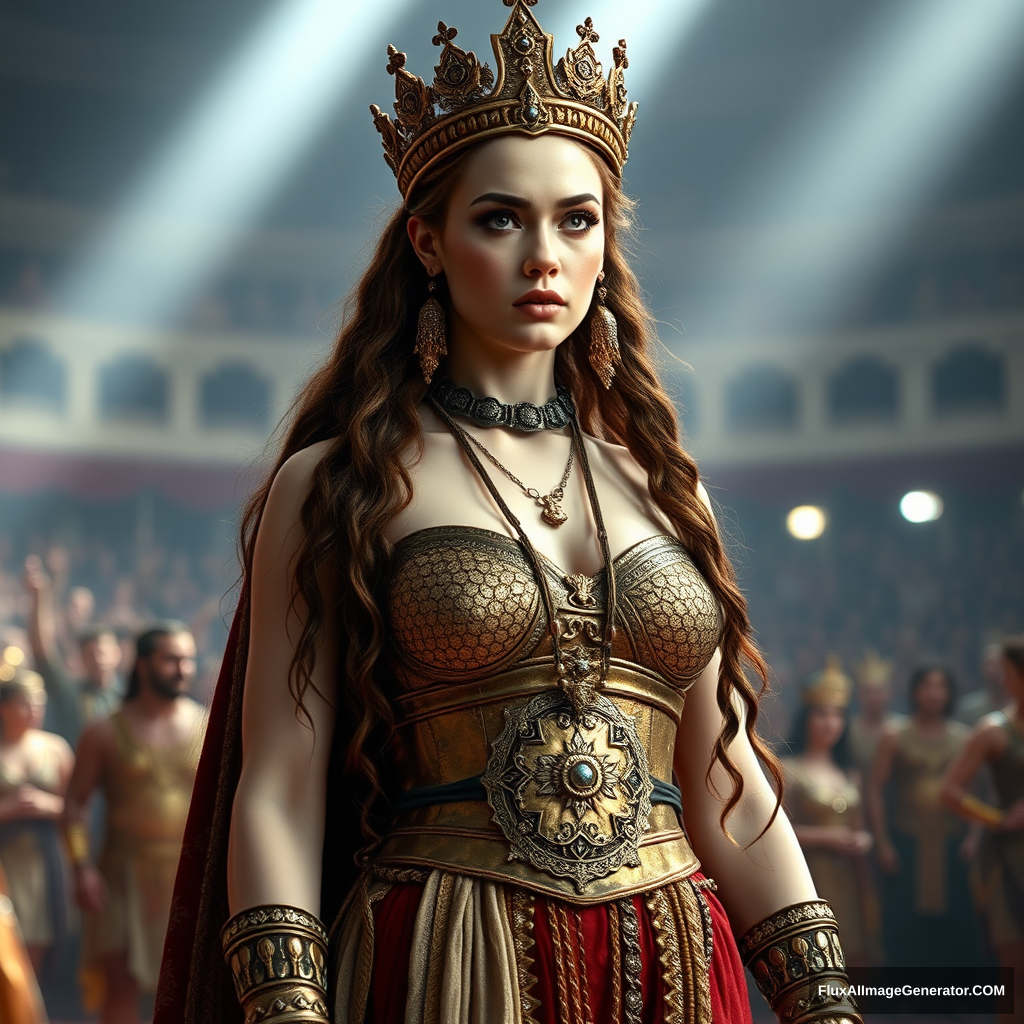 A very, very, very, very, very beautiful and gorgeous ancient Queen, the Queen of wrestling, is standing in the arena. She looks very, very, very, very, very, very, very, very, very, very beautiful and gorgeous, with pale white skin and wearing very long royal clothes.