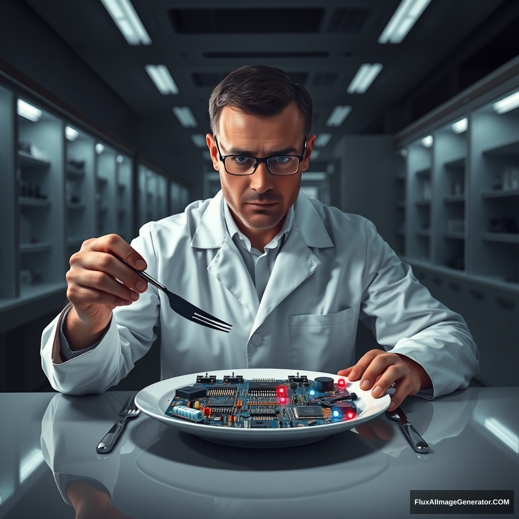 A meticulous engineer dines alone in a sleek, dimly-lit laboratory. Hyper-realistic details reveal his pristine white coat, furrowed brow, and steady hands wielding a silver knife and fork. On his plate, an intricate arrangement of gleaming microchips, resistors, and LEDs replaces traditional food.