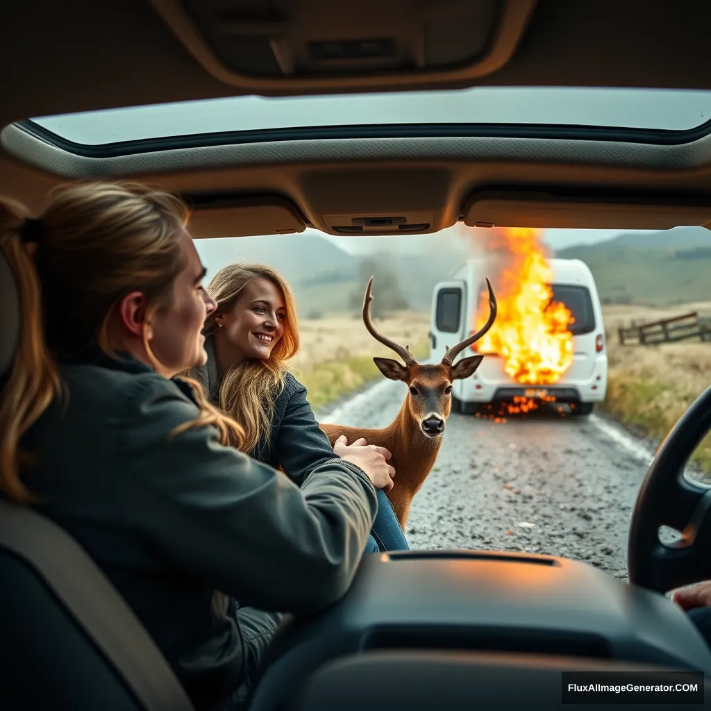 Gabriela and Marko drive with their caravan to Scotland, have a crash with a deer, the van explodes but both are okay, ultra 4k. - Image