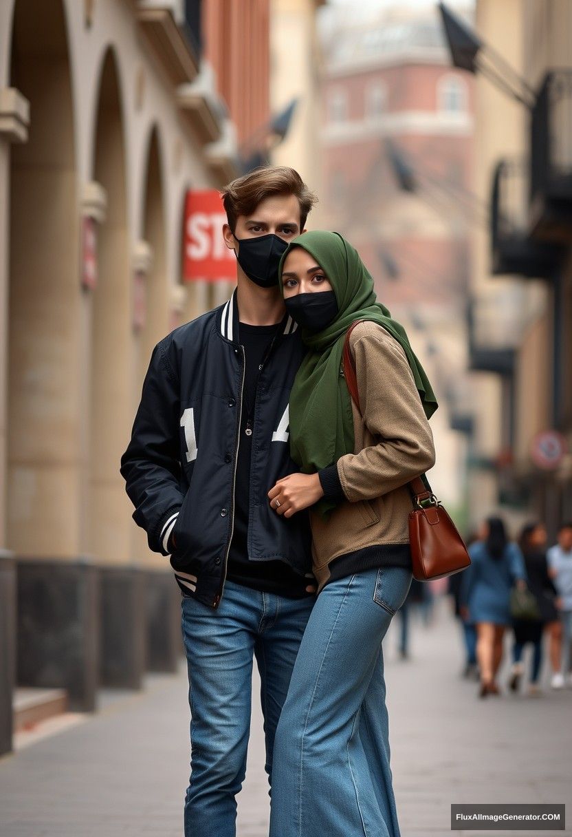 Jamie Dornan, young, black face mask, capital A collage jacket, jeans, red sneakers, dating romance with a girl wearing the biggest army green hijab, beautiful eyes, black face mask, college jacket, the biggest longest skirt, not a tall girl, photorealistic, realistic, street photography, full photography.