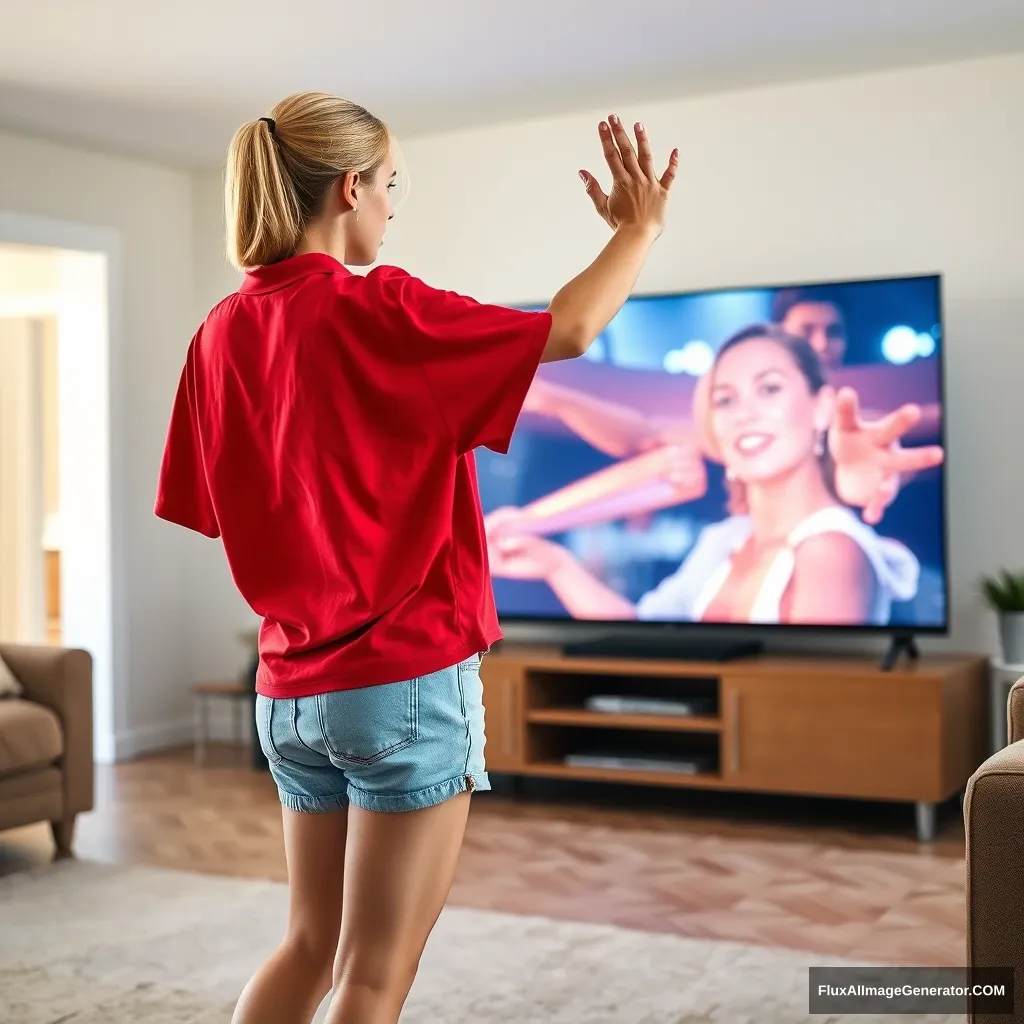 A side view of a skinny blonde woman in her early twenties is in her large living room, wearing a massively oversized red polo t-shirt that is slightly off balance on one shoulder. The bottom of her t-shirt is also untucked. She is wearing light blue denim shorts and has no shoes or socks on. Facing her TV, she begins to dive into the magical screen by slowly raising her arms, which are positioned below her chest, and extending them straight forward. - Image