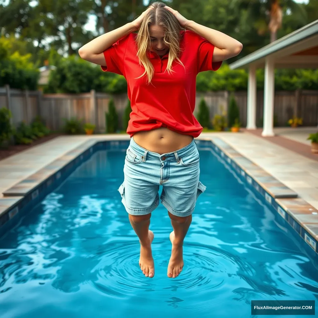 Front view of a young blonde skinny woman with a good tan, who is in her early twenties, in her massive backyard wearing an oversized red polo t-shirt that is slightly off balance on one shoulder, with the bottom part untucked. She is also wearing medium-sized light blue denim shorts and is barefoot, jumping into the pool upside down.