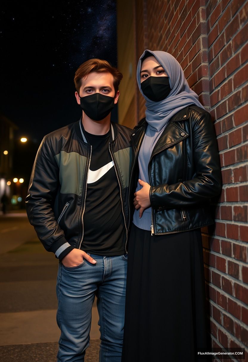 Jamie Dornan, youngest, black face mask, collage jacket, Nike t-shirt, jeans, tall man, fit body,

Dating, love with the tallest grey hijab Muslim girl, beautiful eyes, black face mask, leather jacket, longest skirt, slim, short girl, love holding him.

Standing against a brick wall, spoiler, in town, night scenery, Milky Way, hyper realistic, photorealistic, street photography.