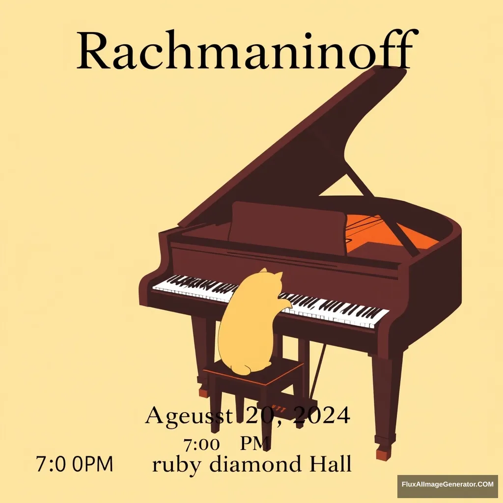 Title: “Rachmaninoff” displayed at the top center

include the following texts on the bottom of the poster:
“August 20, 2024”
“7:00 PM”
“ruby diamond Hall”

Visual Elements: A grand piano centered at the bottom of the poster with a cat playing piano in a Matisse style and minimal style.