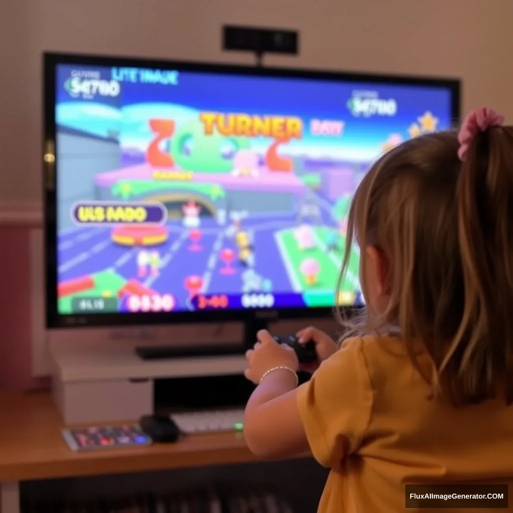 A little girl playing games in front of the screen.