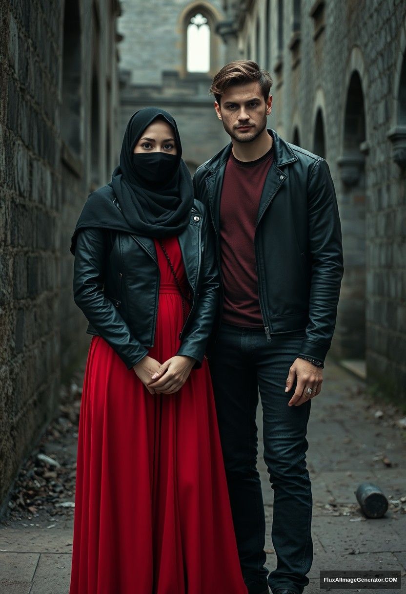 A biggest black hijab girl, beautiful eyes, face mask black, black leather jacket, biggest red longest dress, untall,

Jamie Dornan, handsome, face mask black, fit and tough body, metal red t-shirt, black leather jacket, jeans, tall man,

standing near wall together, 
Hyper realistic, photorealistic, street photography, Victoria's abandoned castle, gloomy, darkness.