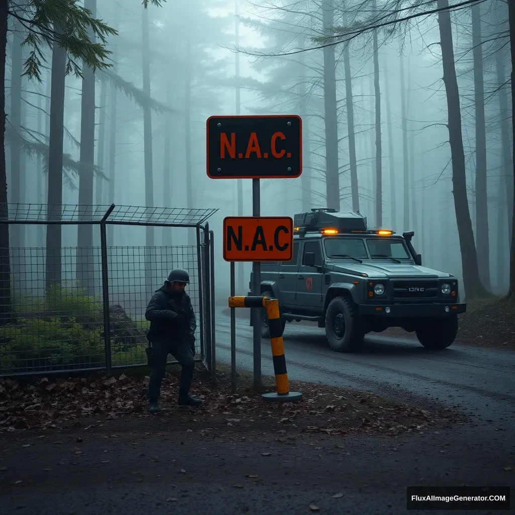 checkpoint with a fence and an armored vehicle with soldiers in dark gear, with a black and orange sign N.A.C. in the forest, in the fog