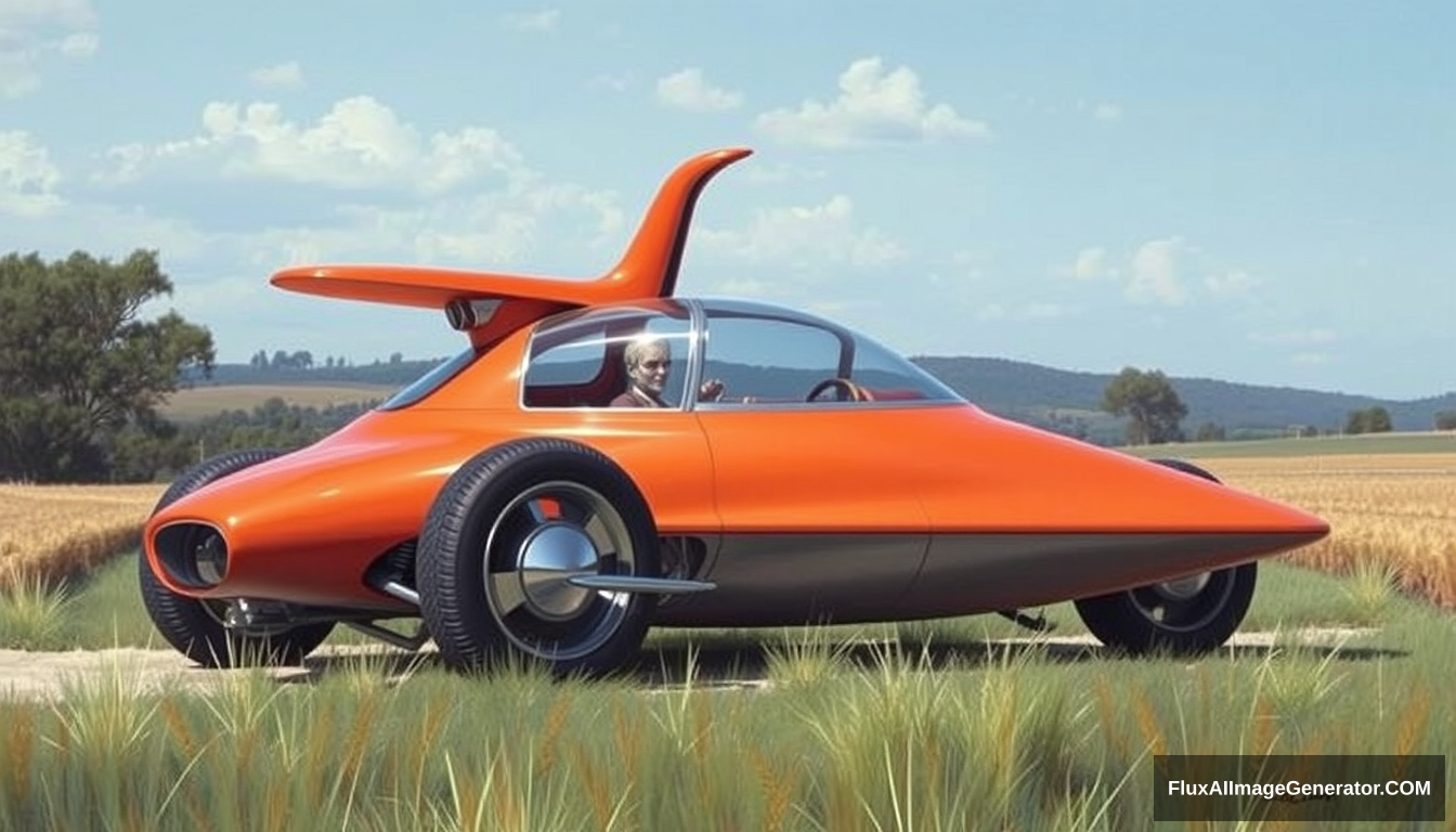 A radical concept car from the 1960s, as painted by Syd Mead, in a country setting, 4k, with a bubble canopy and retractable landing gear. - Image