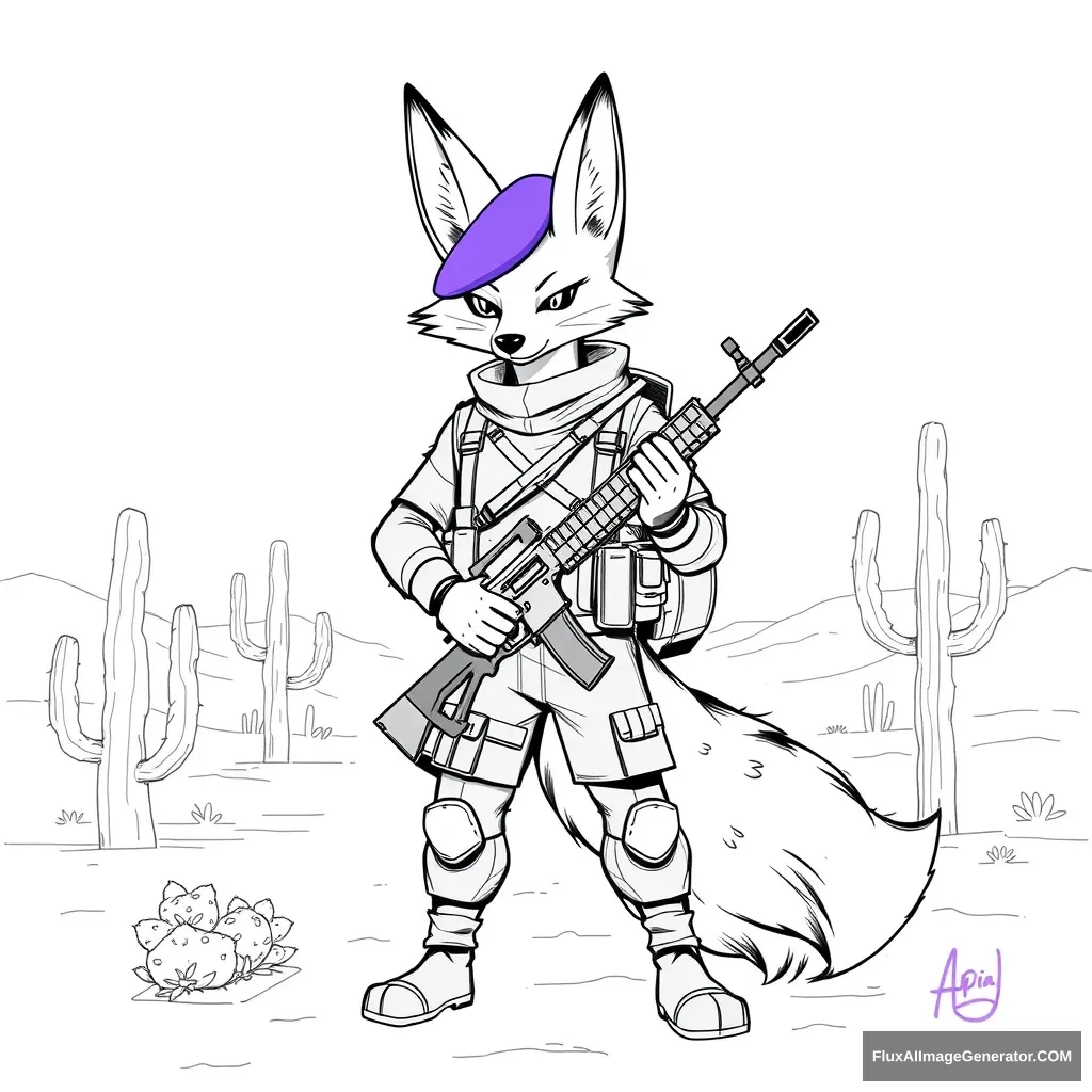 "Sketch an Animorphous standing full body fox soldier holding an M16 rifle, wearing a purple beret on his head. The background is a desert with cacti, using black and white colors with purple as a signature color." - Image