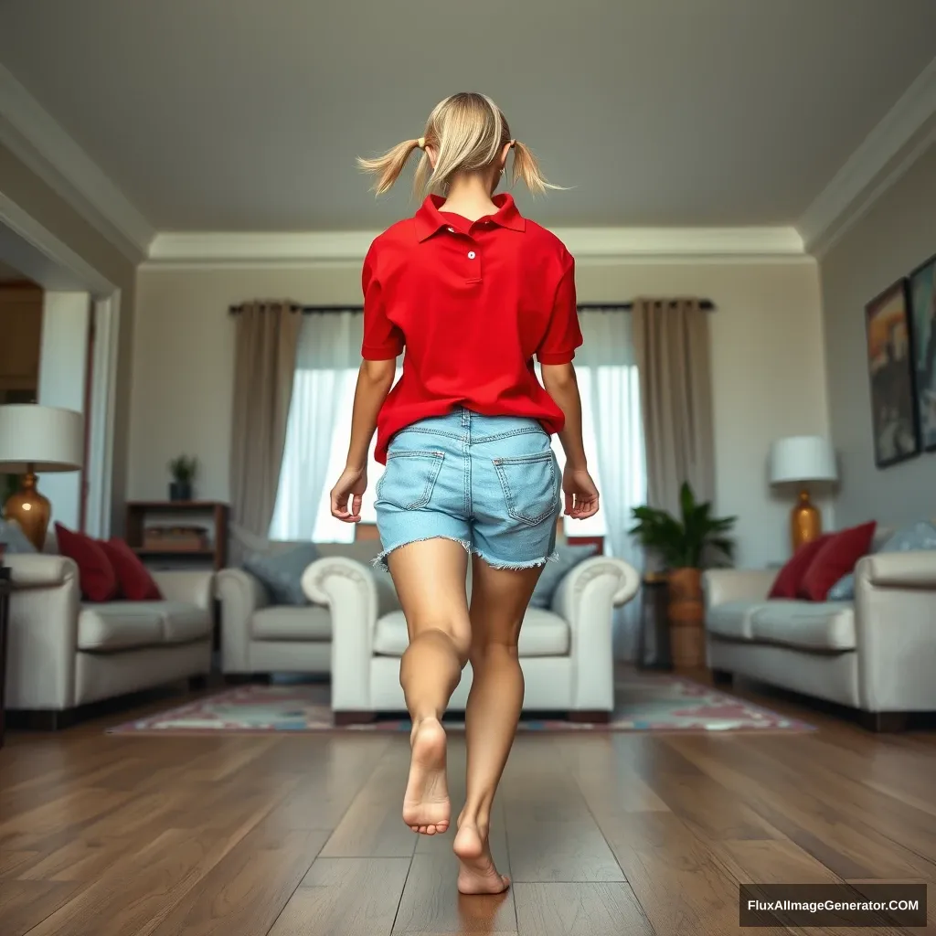 Front view of a blonde, slender woman in her large living room, wearing an extremely oversized red polo t-shirt that is very unbalanced on one shoulder, and knee-length light blue denim shorts. She is barefoot, facing the camera as she gets off her chair and runs towards it with both arms straight down at her sides.