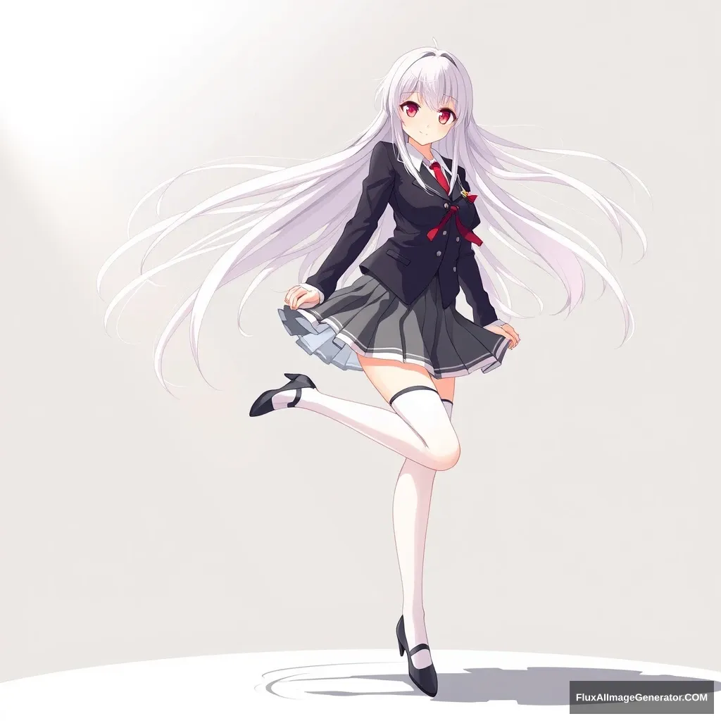 "High school girl, wind, long hair, uniform, white hair, red eyes, high heels." - Image