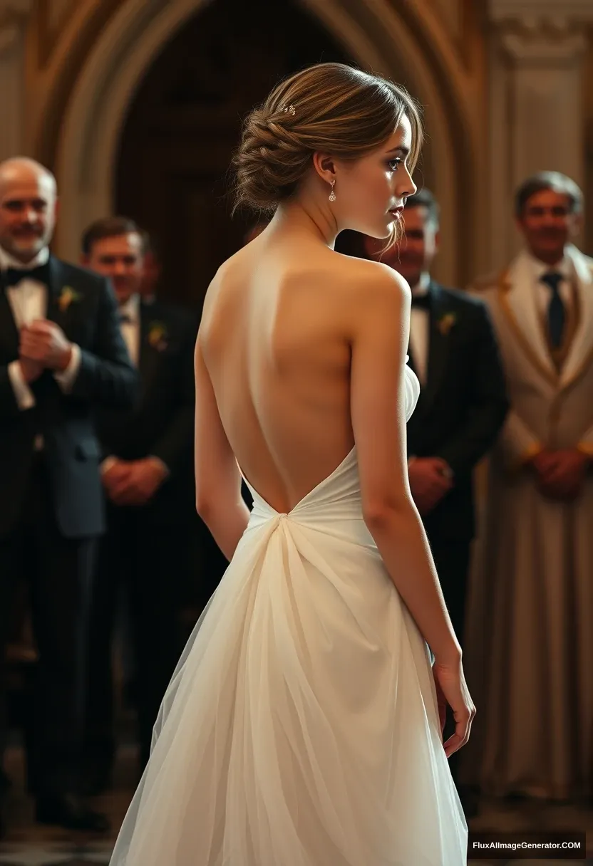 A short young woman, sensitive, delicate, wearing a backless, strapless, side-less, low-waisted contouring wedding dress with a breezy, loose open back spilling open to the sides, that seems like it was intentionally left undone. In front of the patriarchy council. Expectations. Perfect posture. Pale skin. Voluptuous. - Image