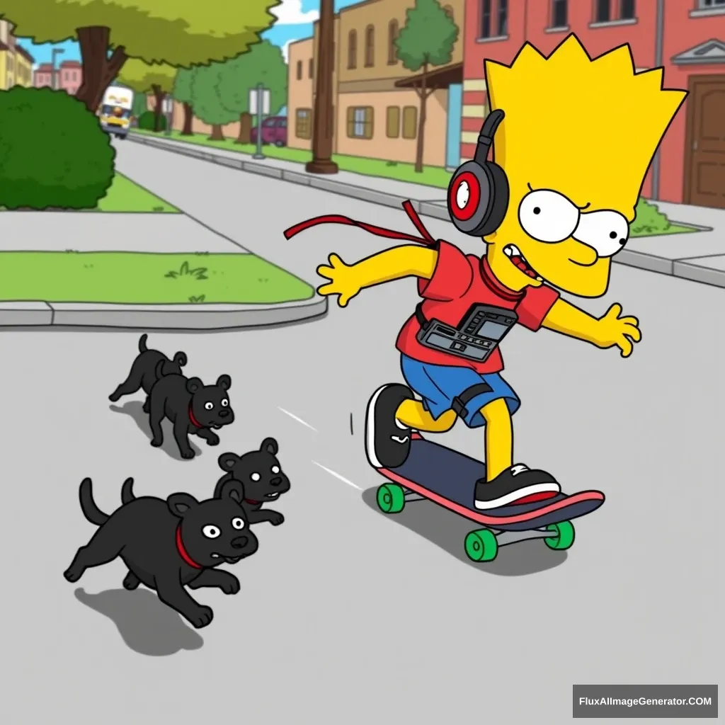 An action scene of Bart Simpson from the cartoon The Simpsons riding his skateboard down the street. He is wearing headphones with a walkman attached to his belt. He is being chased by several small black dogs. - Image