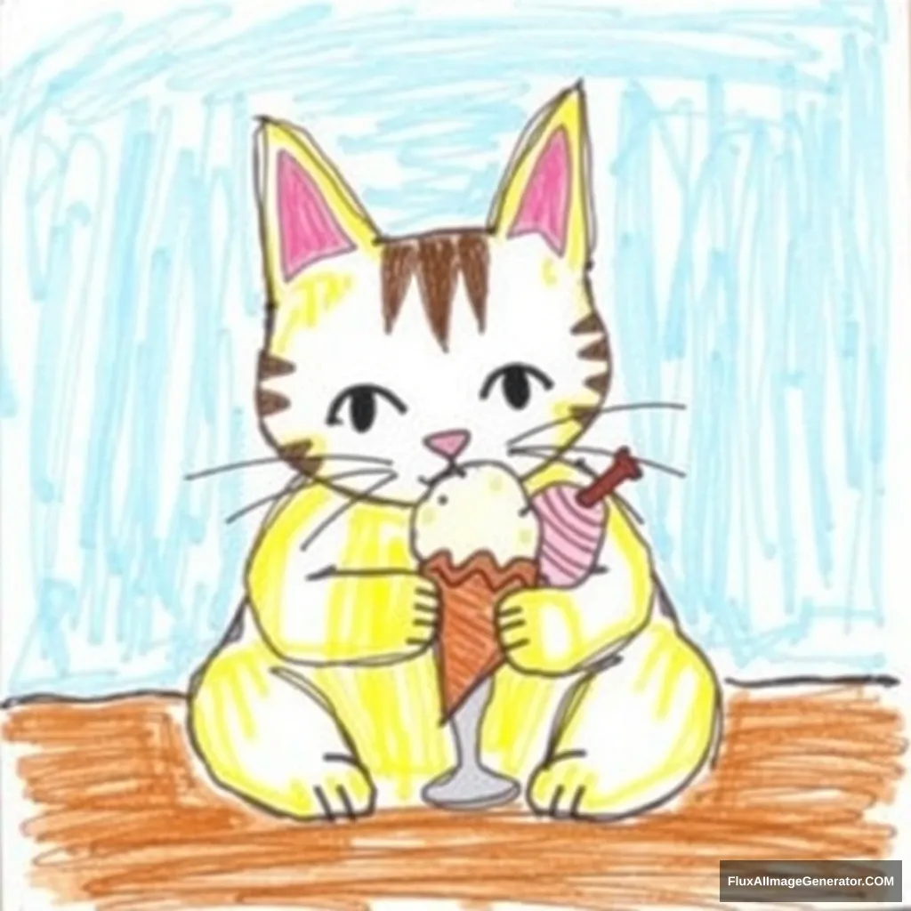 Cat eating ice cream, a crappy drawing by a 3-year-old, no logo.