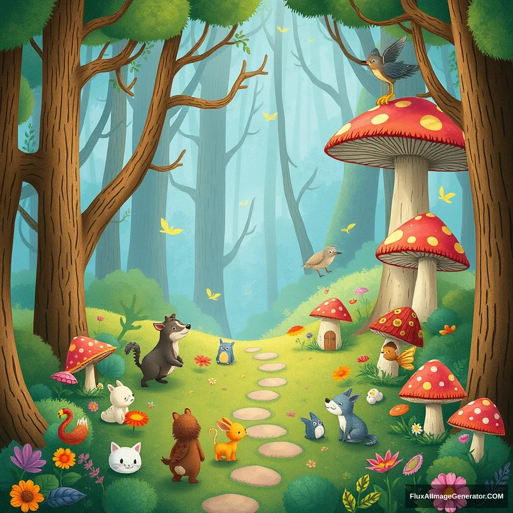 "A whimsical children's book illustration of a magical forest filled with talking animals and fairy houses hidden in mushrooms."