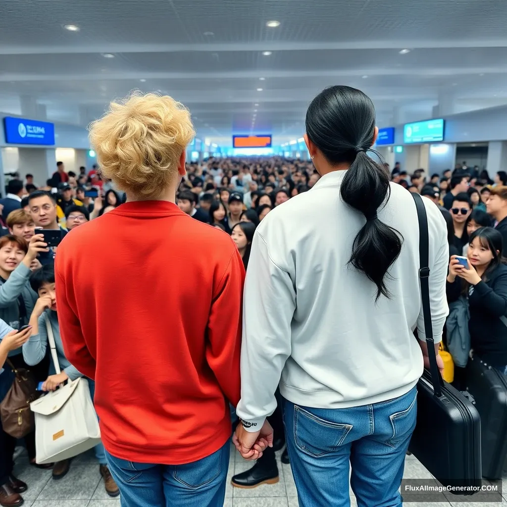 A man with curled, blonde ear-length hair and a man with low pony-tailed ebony hair are holding hands in front of a huge crowd of fans at the airport, showing their backs. Both are styled like K-pop idols, and the blonde man is taller. - Image