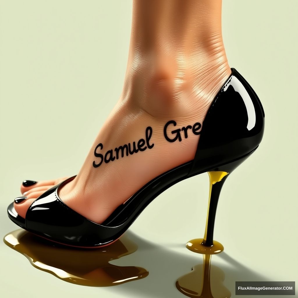 "The name 'Samuel Greg' on a woman's foot in a black high heel. There is oil all over the foot." - Image