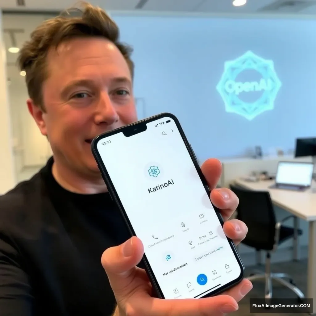 Elon Musk holds a phone and the phone screen shows the KainoAI app, the background is at the OpenAI office. - Image