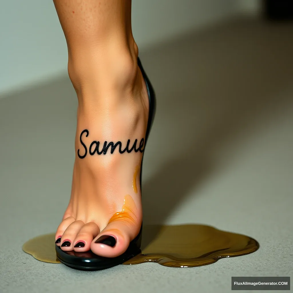 The name "Samuel Greg" on a woman's foot in a black high heel. There is oil all over the foot.