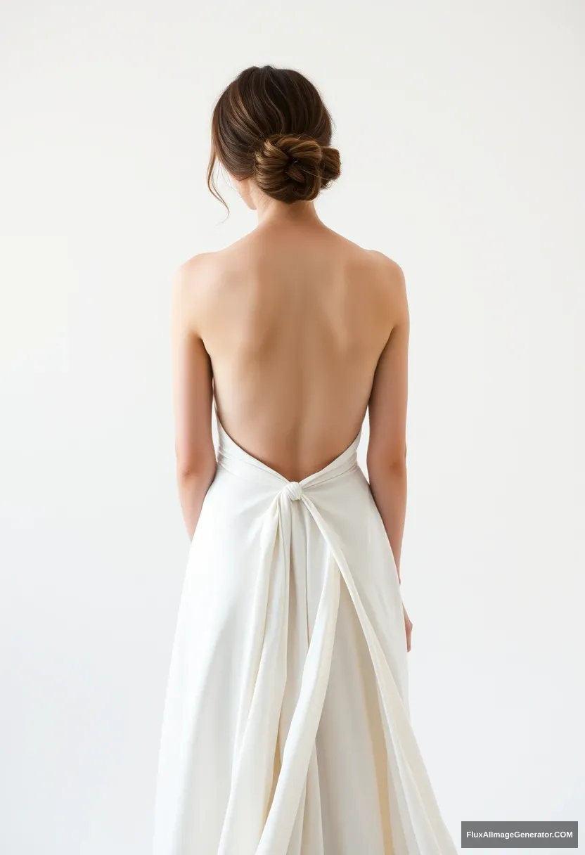 A short young woman, sensitive, delicate, wearing a backless strapless side-less low-waisted contouring wedding dress with a breezy loose open back spilling open to the sides, that seems like it was intentionally left undone, that bares all. In front of the patriarchy council. Expectations. Perfect posture. Pale skin.