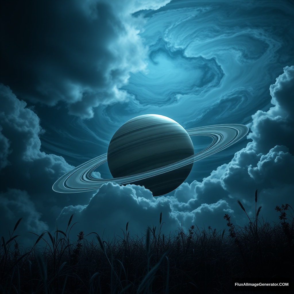 "Saturn, natural vegetation in the background, epic scene, many swirling clouds, high contrast, high detail, dark blue tones, uhd."