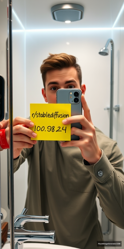 Man in sleek modern bathroom, capturing mirror selfie with smartphone. Holds neon yellow post-it note reading "r/stablediffusion" "10/08/24". Hyper-realistic style: razor-sharp details, lifelike textures. Gleaming chrome fixtures, soft ambient lighting. Expression of mild curiosity. Millennial aesthetic, tech-savvy atmosphere. - Image