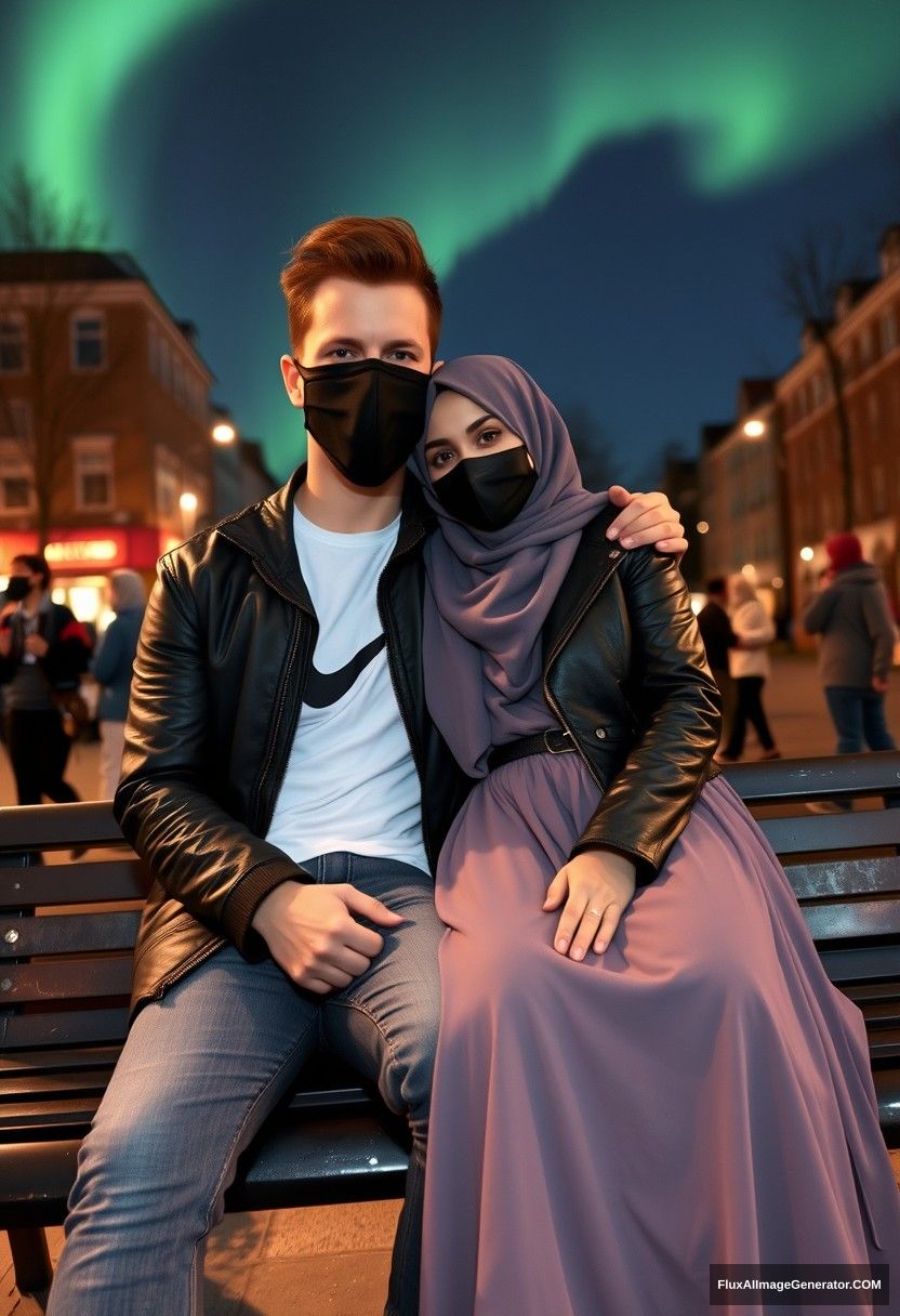 Jamie Dornan, tall and young, wearing a black face mask, a white Nike T-shirt, and jeans, is dating a Muslim girl in a grey hijab with beautiful eyes. She also has a black face mask and is wearing a leather jacket along with a very long and wide skirt. She is not tall. They are sitting together on a park bench, leaning on each other's shoulders in a town setting, with strangers in the background. The scene is photorealistic, capturing a selfie at night with the aurora borealis.