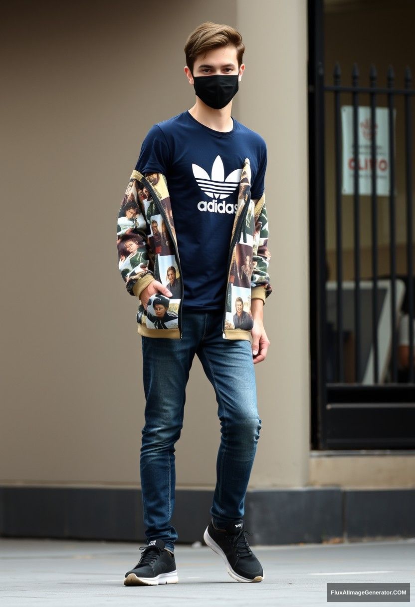 Jamie Dornan, youngest, black face mask, dark blue Adidas T-shirt, collage jacket, jeans, black sneakers, fit body, photorealistic, street photography.