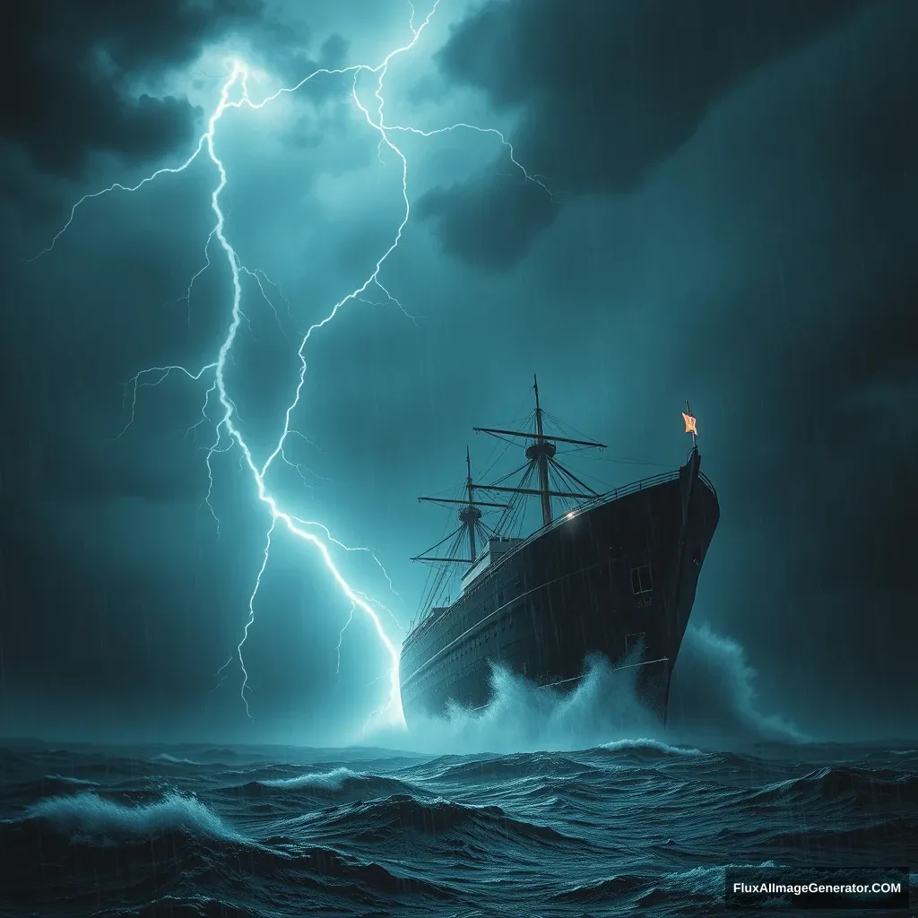 "A giant ship sailing in the storm, dark sky, heavy rain, and lightning."