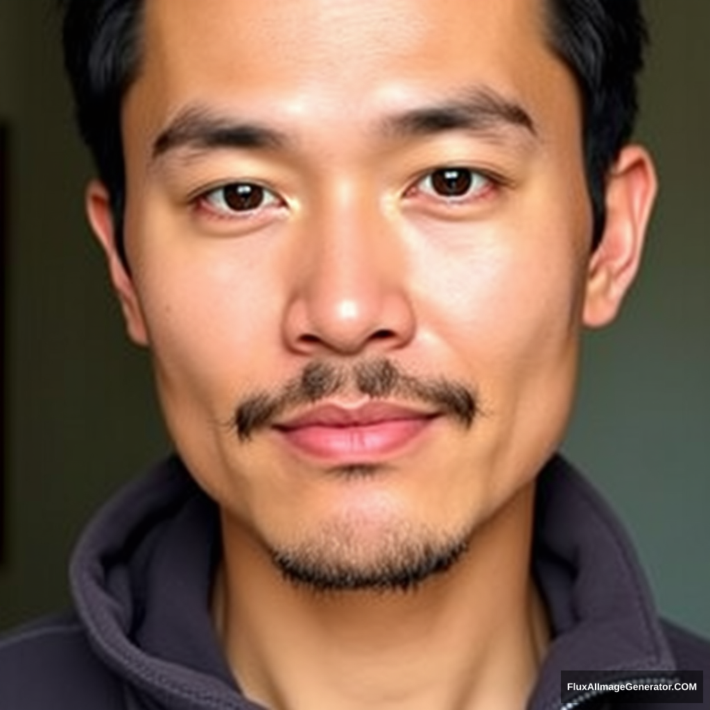 A handsome Asian man's face with a mustache.