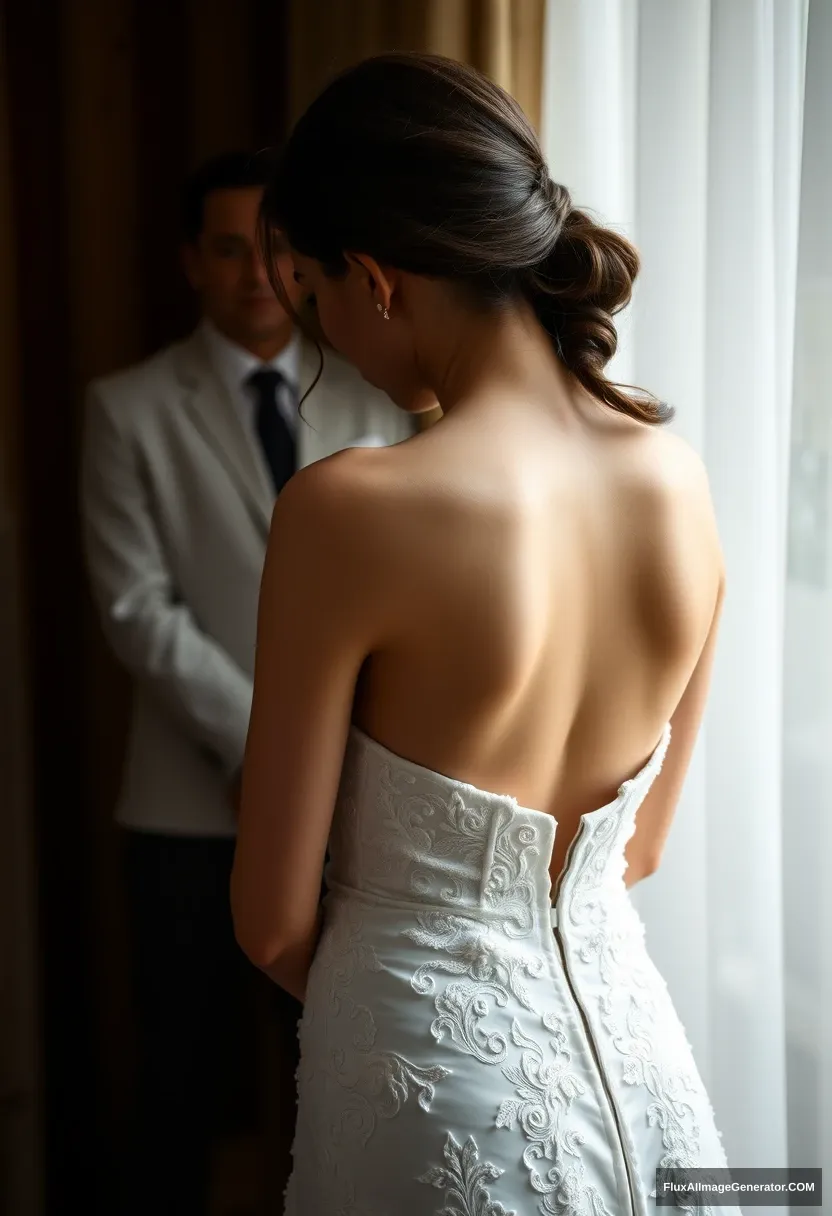 A short young woman, sensitive, delicate, ashamed, backless strapless side-less low-waisted contouring wedding dress, in front of patriarchy, expectations.