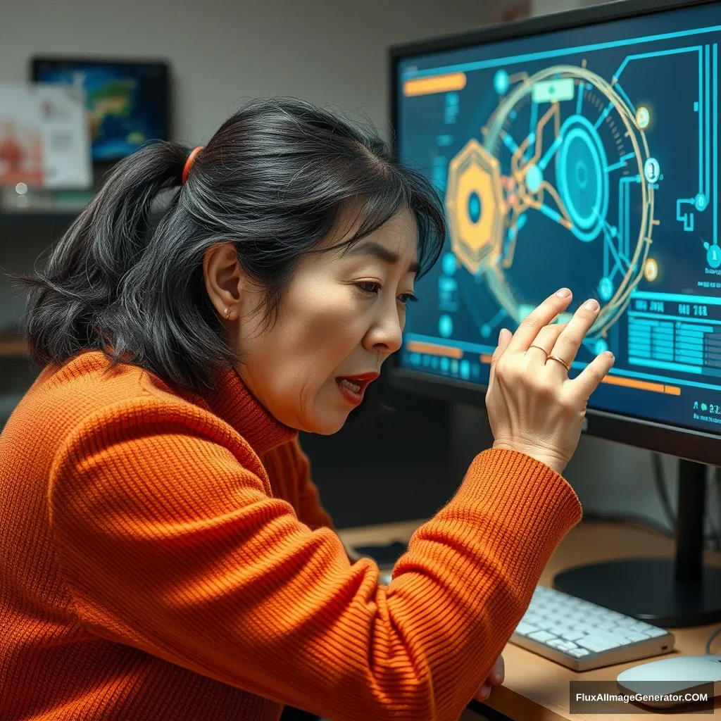 A middle-aged Korean woman is hitting a monitor in anger. The monitor displays generative AI.