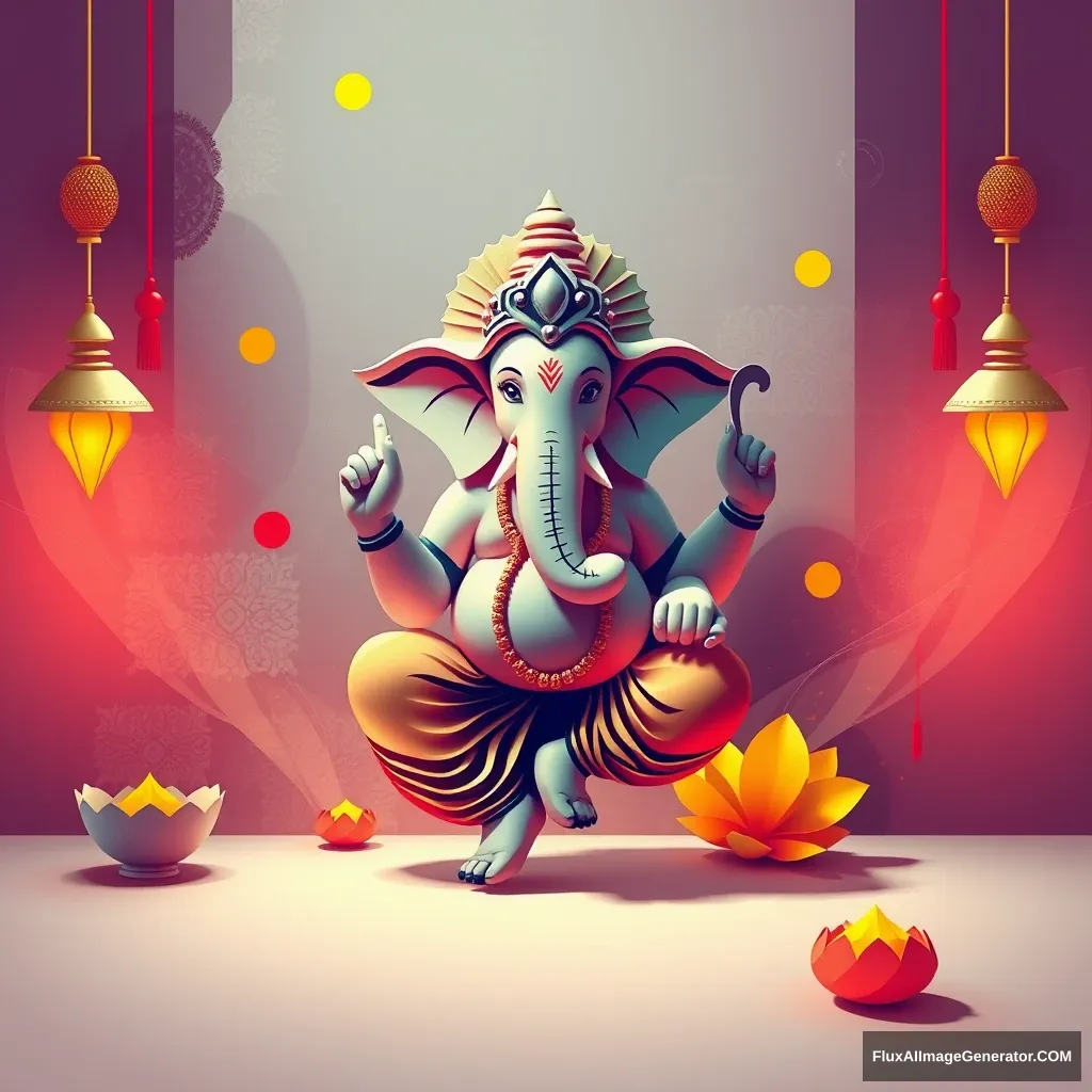 Design an abstract and contemporary representation of the Ganesha festival. Use bold, geometric shapes and vibrant colors to depict Lord Ganesha in a minimalist style. Incorporate modern elements like abstract patterns and textures, with hints of traditional motifs like modaks and lotus flowers. Play with light and shadow to create a dynamic and ethereal atmosphere. Focus on creating a sense of movement and celebration through fluid lines and unexpected color combinations. The overall feel should be modern, artistic, and spiritually uplifting.