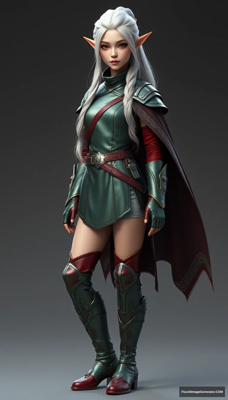 Gorgeous and elegant girl elf warrior (Tang Wei), full body shot, platinum-colored hair, greenish metallic military uniform, reddish military metallic boots, dark brown cloak, hyper-realistic photo, 8K, Unreal Engine.