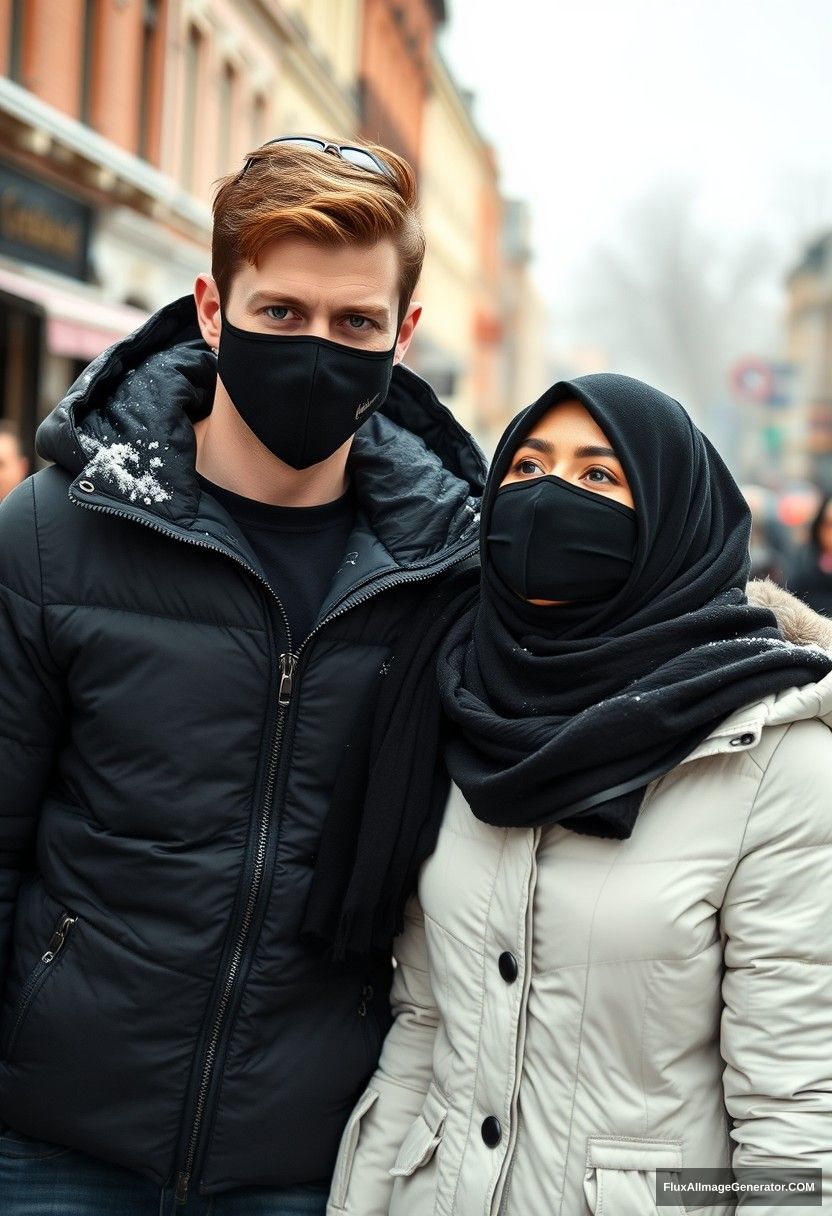 Jamie Dornan's handsome, young face, black face mask, snow jacket, jeans, dating a beautiful girl in a black hijab with beautiful eyes, wearing a black face mask and snow jacket, walking together in winter scenery in town, hyper-realistic street photography. - Image