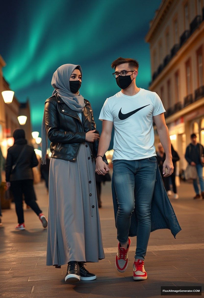 Jamie Dornan, handsome, black face mask, white Nike t-shirt, jeans, sneakers, romantically dating a Muslim girl in a grey hijab with beautiful eyes, black face mask, leather jacket, very long and big skirt, not a tall girl, red sneakers, holding hands, in town, black glasses, photorealistic, street photography, full photography, selfie photos, night scenery, aurora. - Image