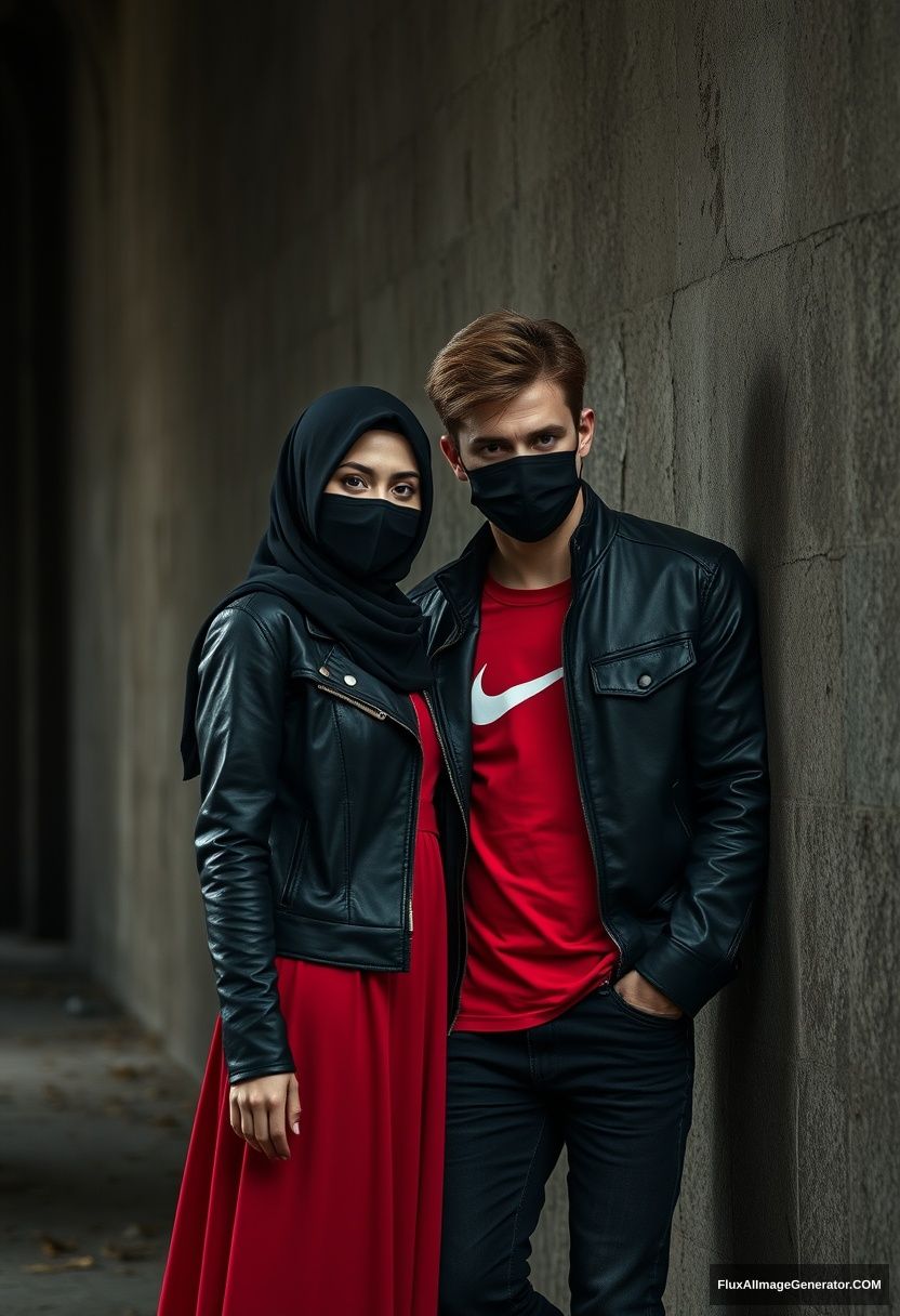 A biggest black hijab girl, beautiful eyes, face mask black, black leather jacket, biggest red longest dress, not tall, leaning at him,

Jamie Dornan, handsome, face mask black, fit and tough body, Nike red t-shirt, black leather jacket, jeans, tall man, leaning against the wall

Hyper realistic, photorealistic, studio photography, Victoria's abandoned castle, gloomy. - Image