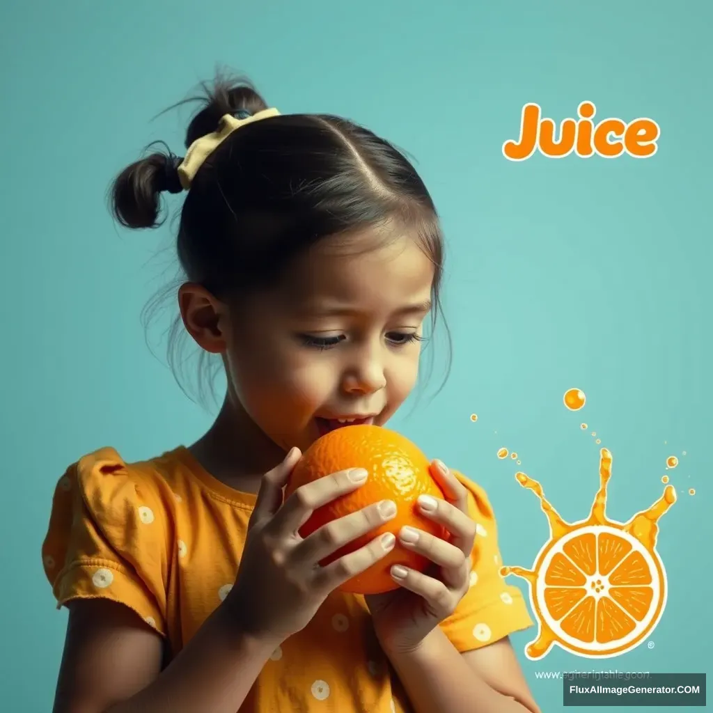 A girl squeezing an orange and taking a splash of juice advertisement. - Image