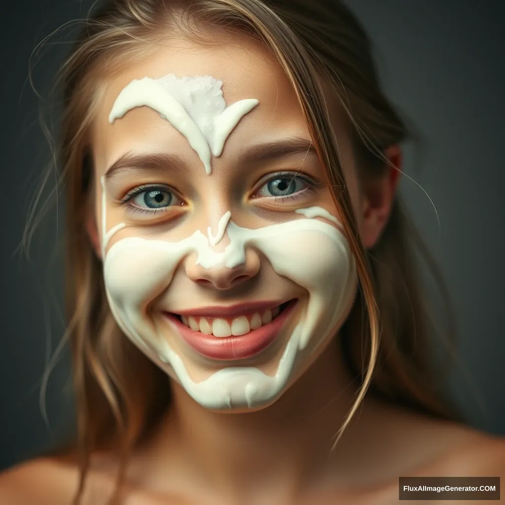 24-year-old college girl with a lot of banana milk on her face - Image