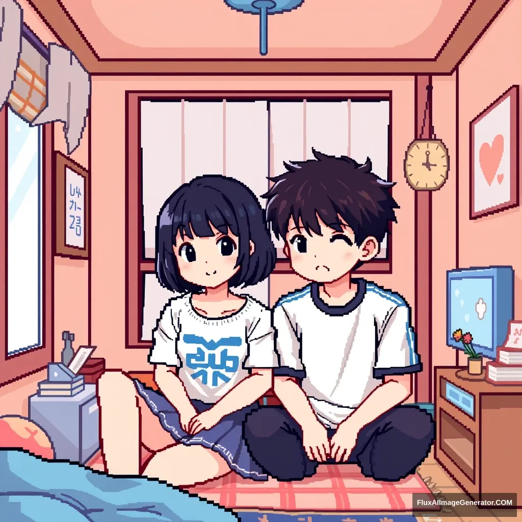 Pixel art teenage girl and boy in a room in Korea. - Image