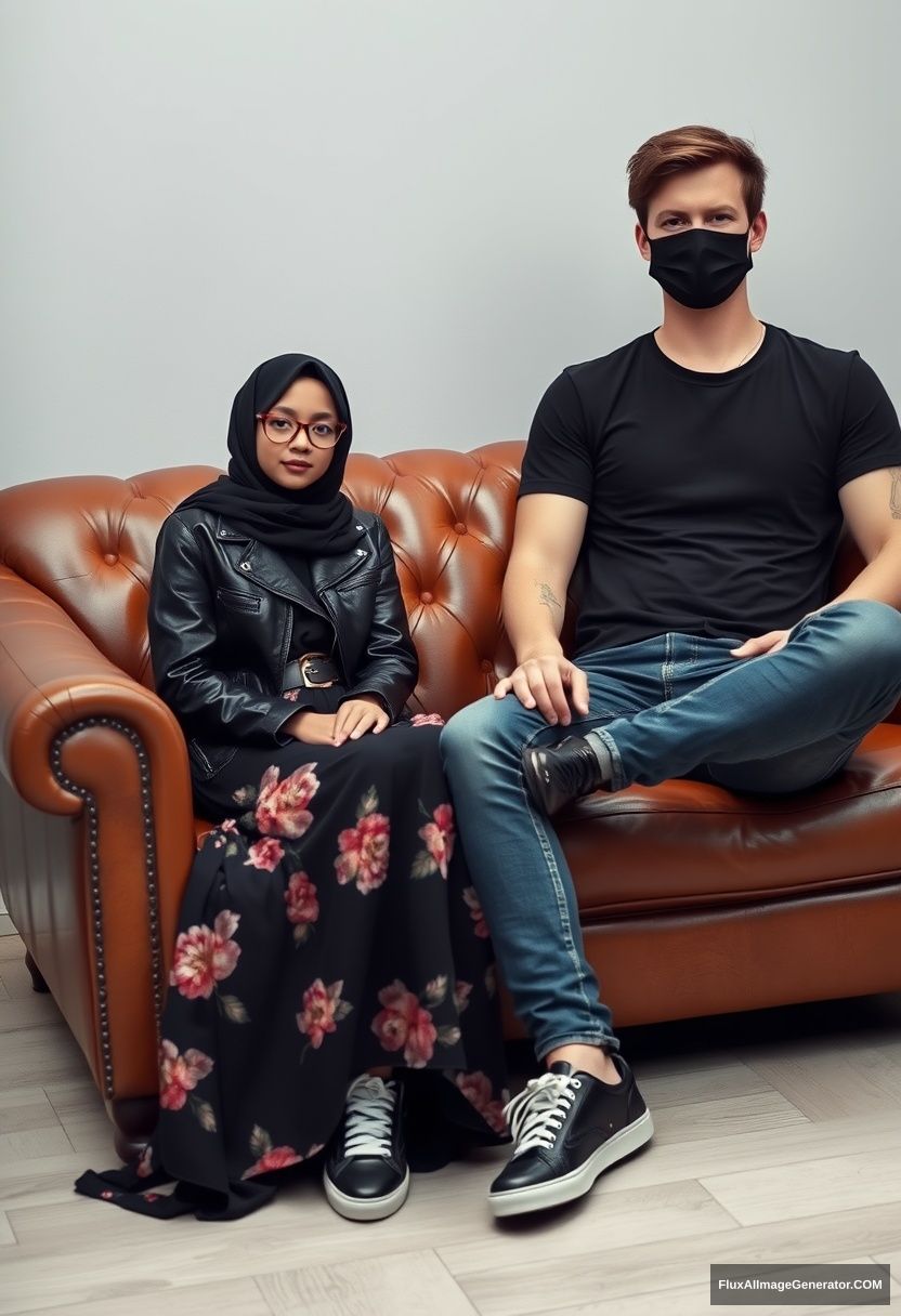 A slim girl in a black hijab burqa with beautiful eyes, wearing a black leather jacket and the biggest floral long dress, and black leather sneakers, is sitting on a leather single wing sofa. Jamie Dornan, the youngest, is wearing a black T-shirt, jeans, and black leather sneakers. He is a tall man with a fit body and wearing a black face mask, sitting near her. It is hyper-realistic studio photography. - Image