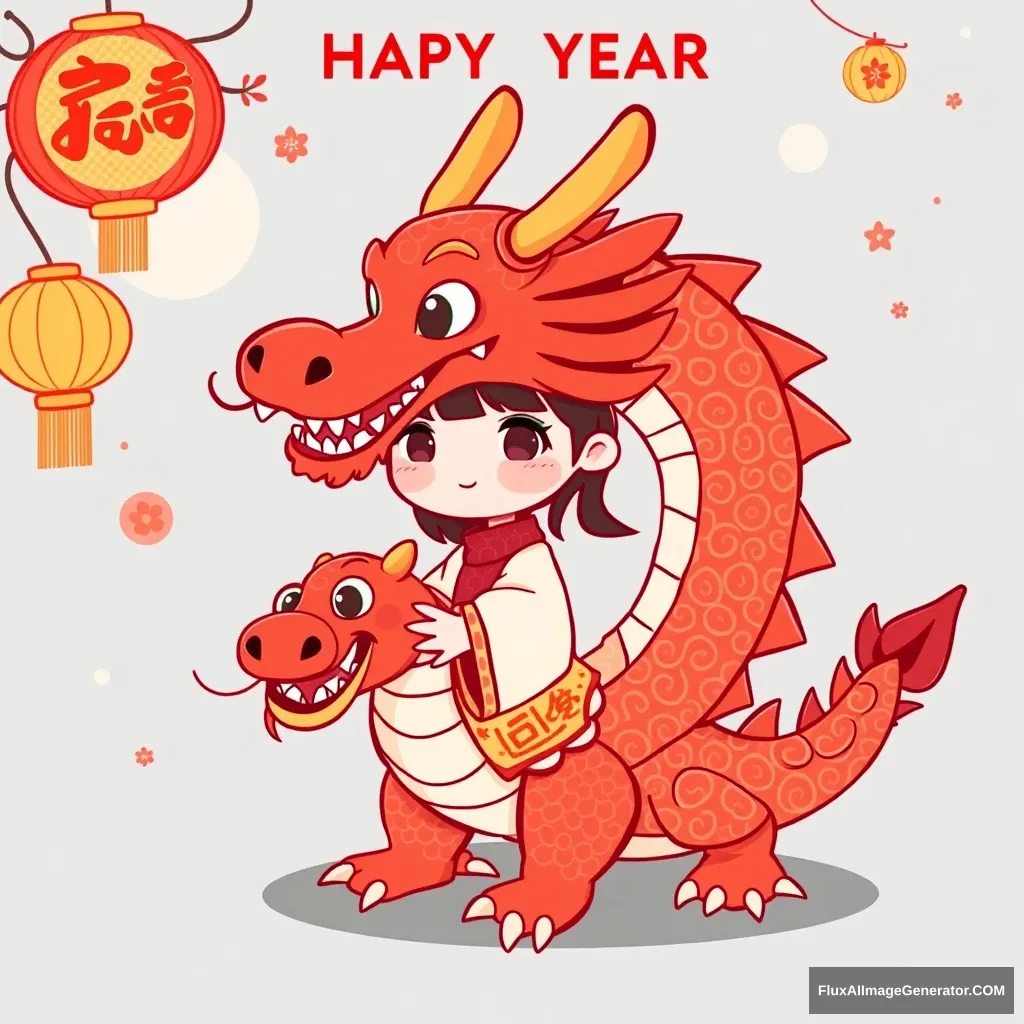 "Lunar New Year, Year of the Dragon, cute girl with a big dragon, cute style." - Image