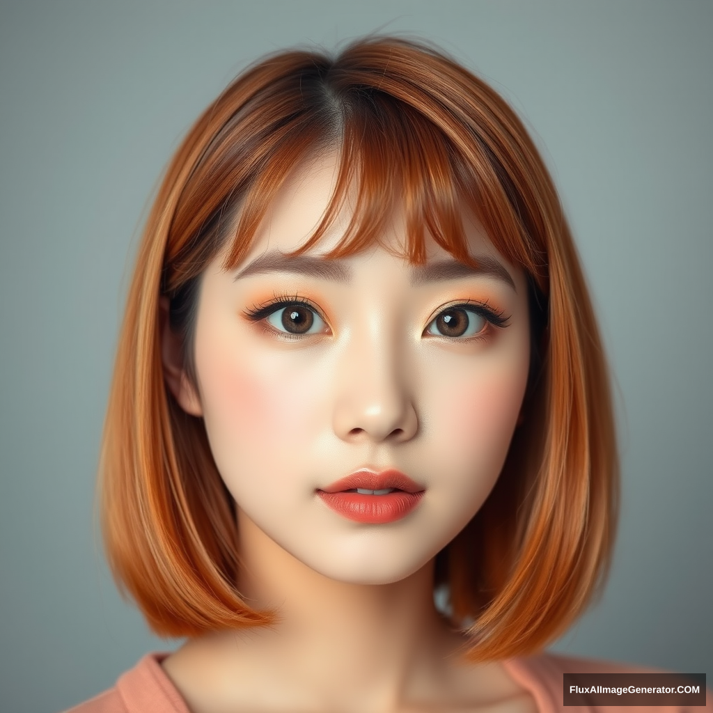 Portrait of a stunningly beautiful young Korean woman with golden ratio facial features, Ulzzang makeup style, Tangerine Mullet hairstyle, large expressive eyes, soft gradient eye shadow, subtle winged eyeliner, long lashes, straight eyebrows, dewy glowing skin, peach-toned blush, glossy lips, perfect facial symmetry, harmonious facial proportions, short layered hair on top, longer hair at the back, face-framing bangs, warm orange hair color, soft studio lighting, high-resolution image, dreamy atmosphere.