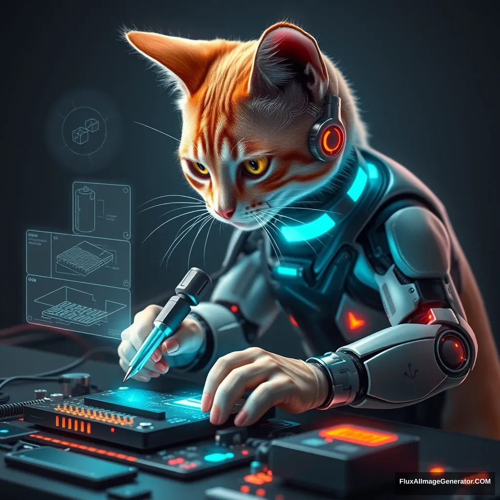 A cybernetic feline engineer, whiskers twitching with concentration, delicately wields a futuristic soldering iron over a glowing motherboard. Holographic UI elements float nearby, displaying circuit diagrams. The scene exudes a sleek, minimalist aesthetic with neon accents, embodying cutting-edge UI/UX design principles. - Image